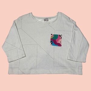 Anthropologie Postmark Striped Boxy Sweatshirt Embroidered Pocket White Black S